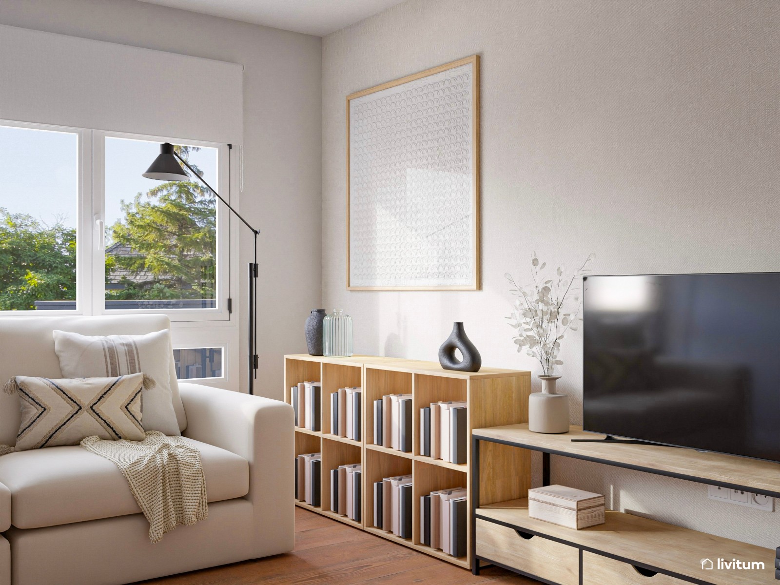 Salón luminoso decorado en madera con zona de trabajo muy bien resuelta 