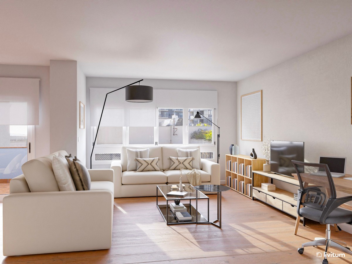 Salón luminoso decorado en madera con zona de trabajo muy bien resuelta