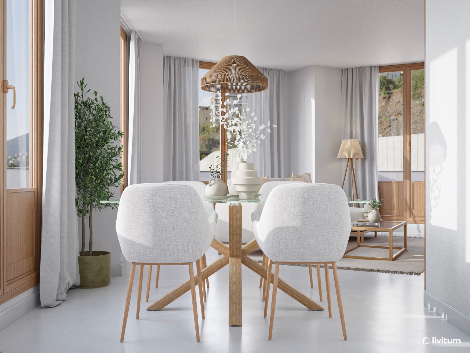 Salón luminoso y fresco decorado en blanco y madera