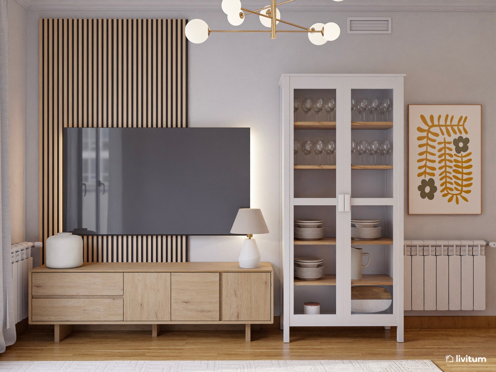 Salón mediano con colores cálidos como el naranja, el beige y el crema