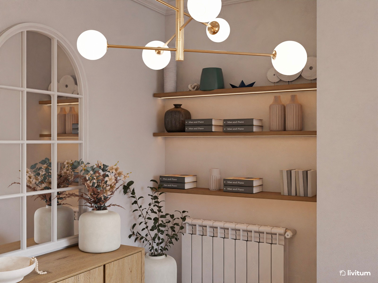 Salón mediano con colores cálidos como el naranja, el beige y el crema