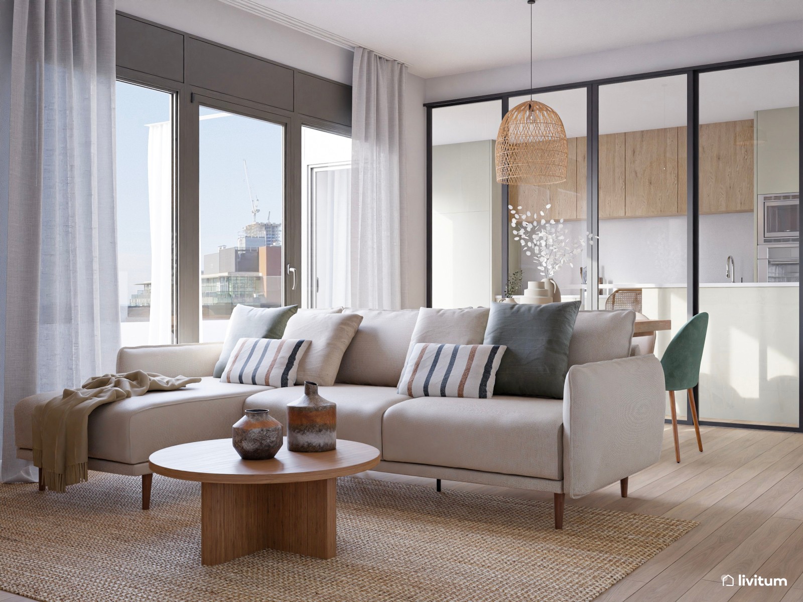 Salón mediano muy acogedor y decorado en madera, gris y turquesa