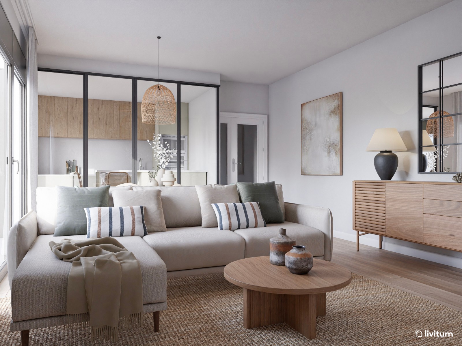 Salón mediano muy acogedor y decorado en madera, gris y turquesa