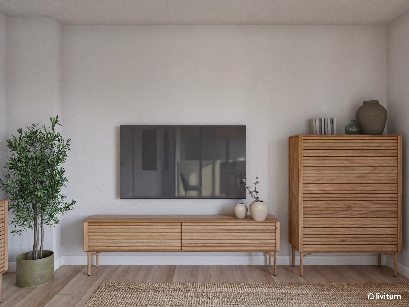 Salón mediano muy acogedor y decorado en madera, gris y turquesa