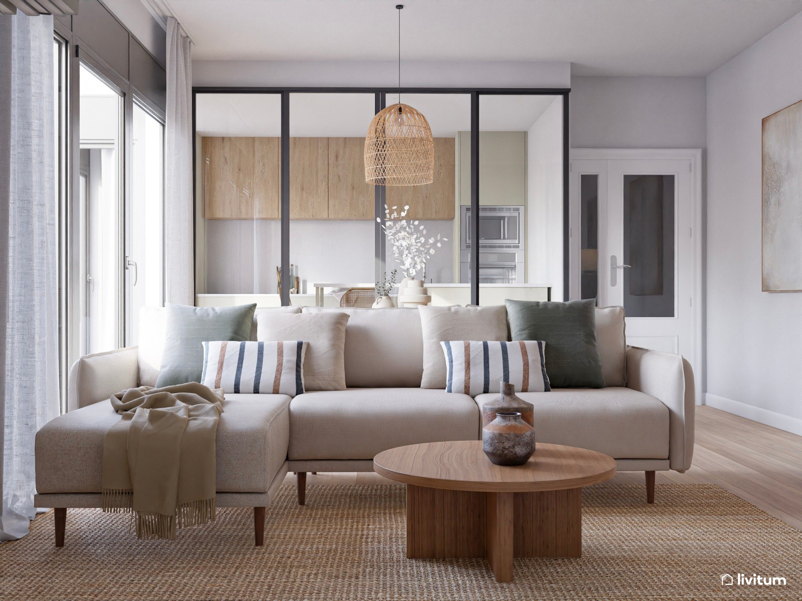 Salón mediano muy acogedor y decorado en madera, gris y turquesa