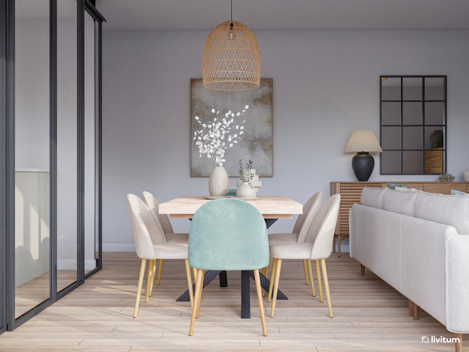 Salón mediano muy acogedor y decorado en madera, gris y turquesa