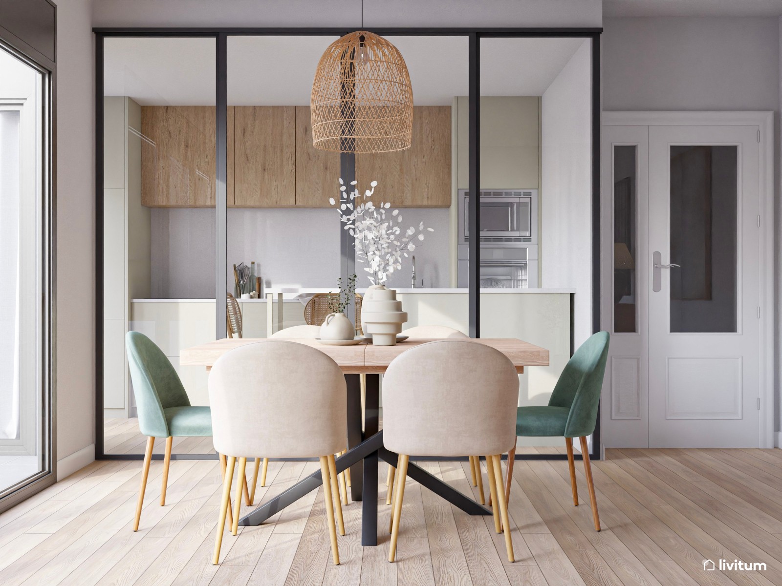 Salón mediano muy acogedor y decorado en madera, gris y turquesa