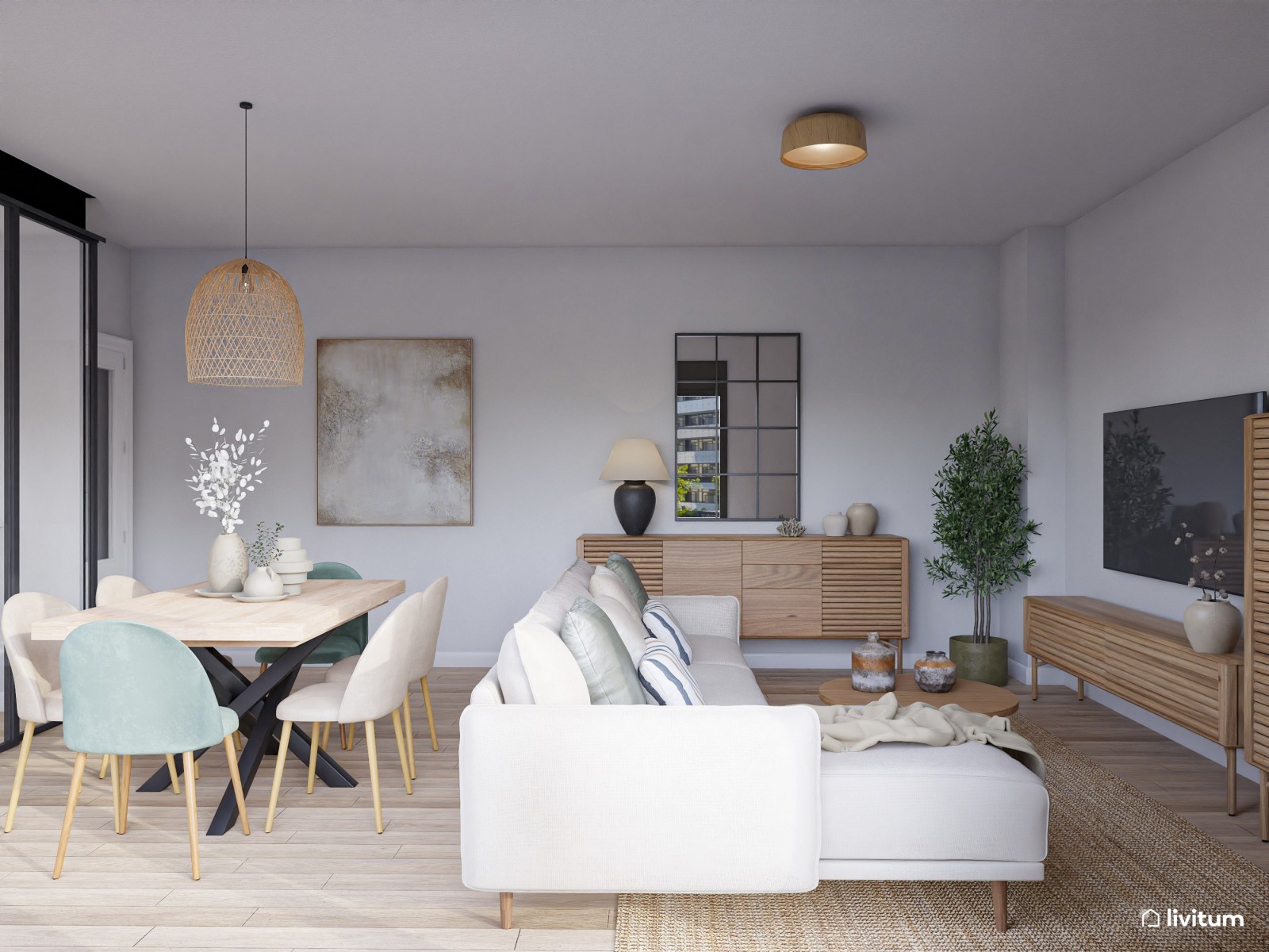 Salón mediano muy acogedor y decorado en madera, gris y turquesa