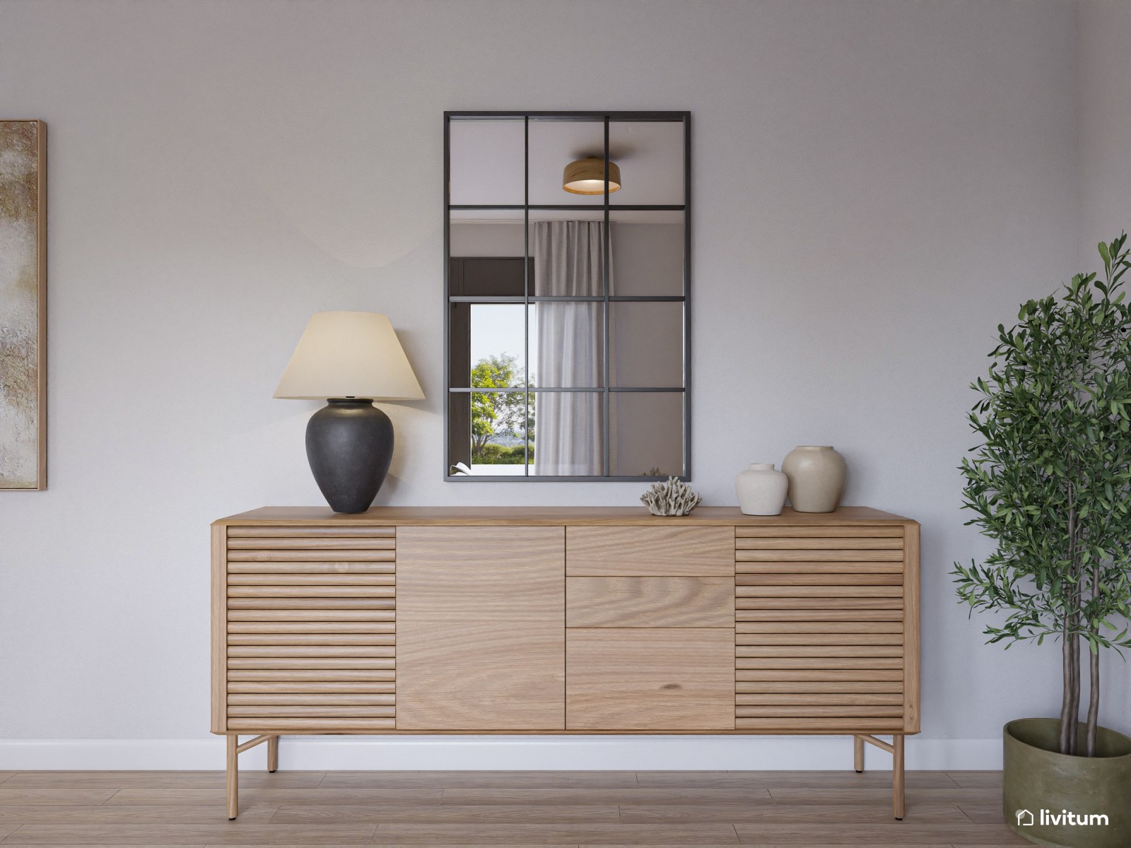 Salón mediano muy acogedor y decorado en madera, gris y turquesa