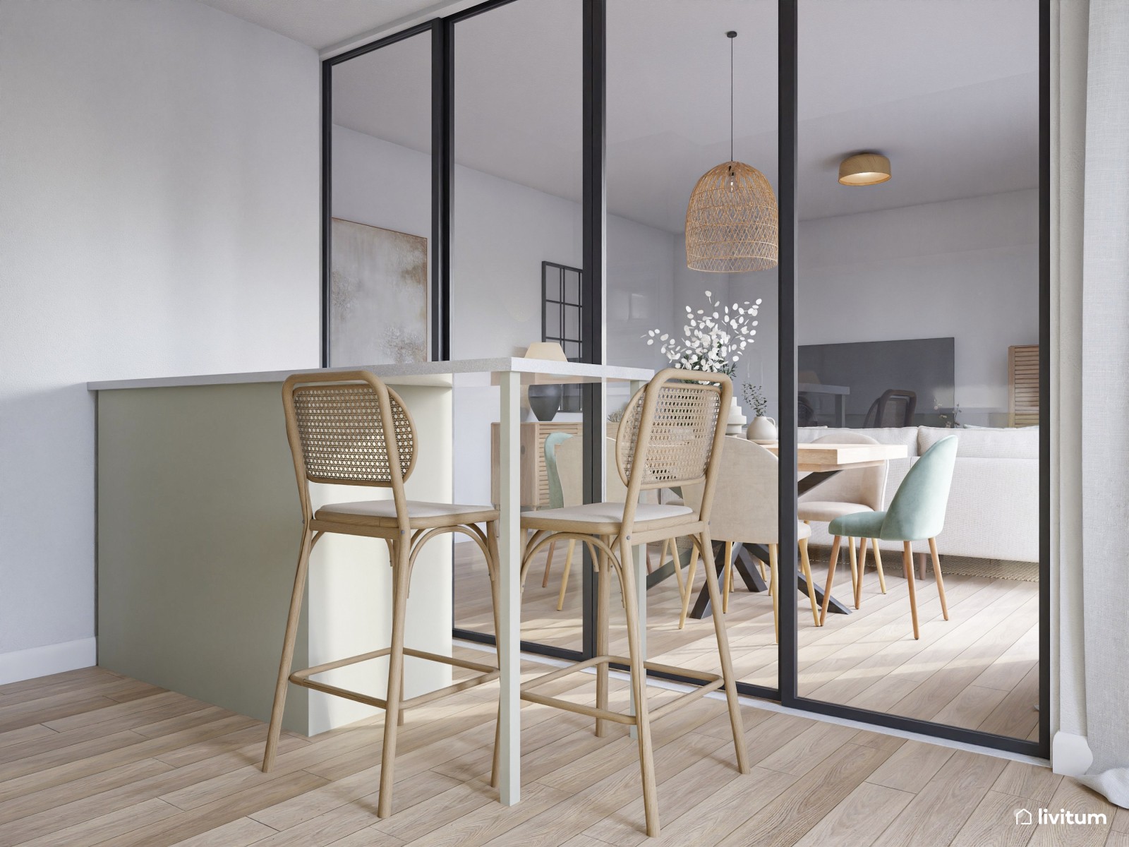 Salón mediano muy acogedor y decorado en madera, gris y turquesa