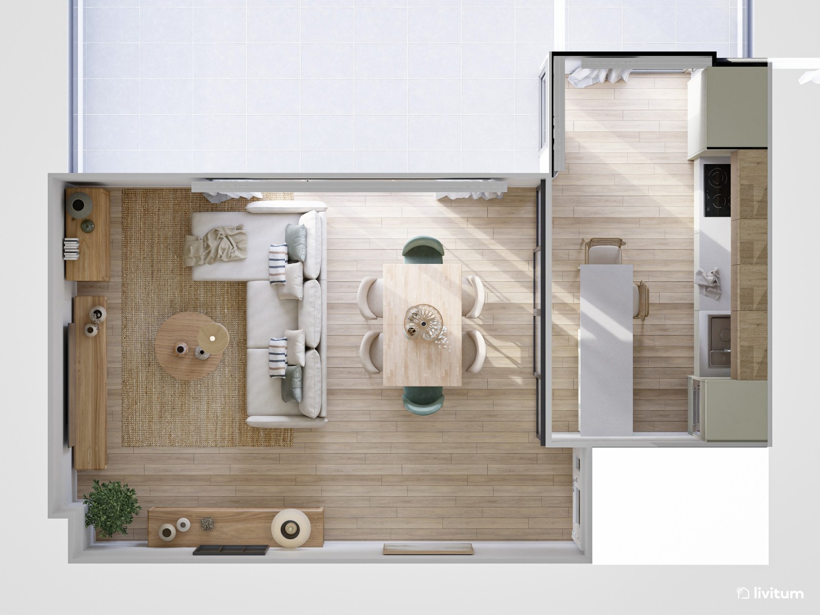 Salón mediano muy acogedor y decorado en madera, gris y turquesa