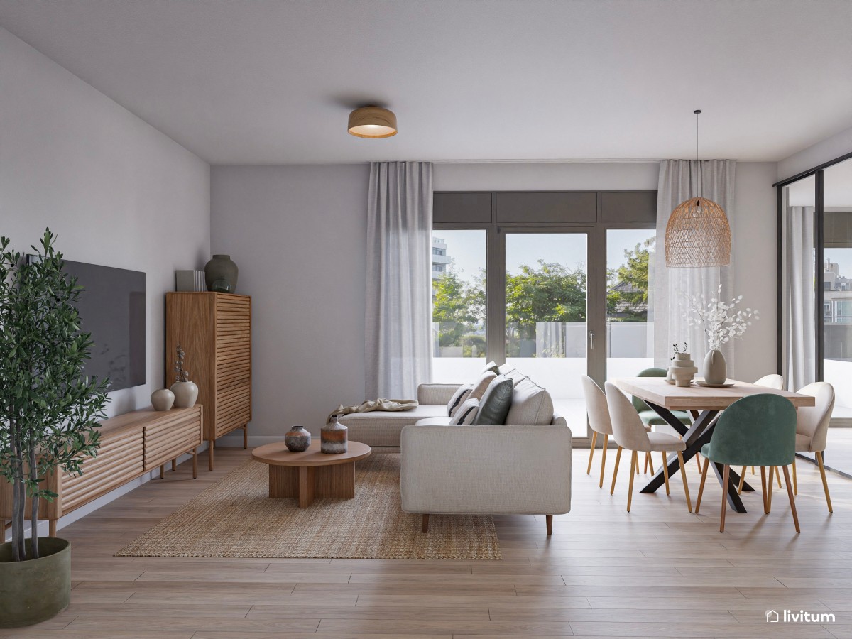 Salón mediano muy acogedor y decorado en madera, gris y turquesa