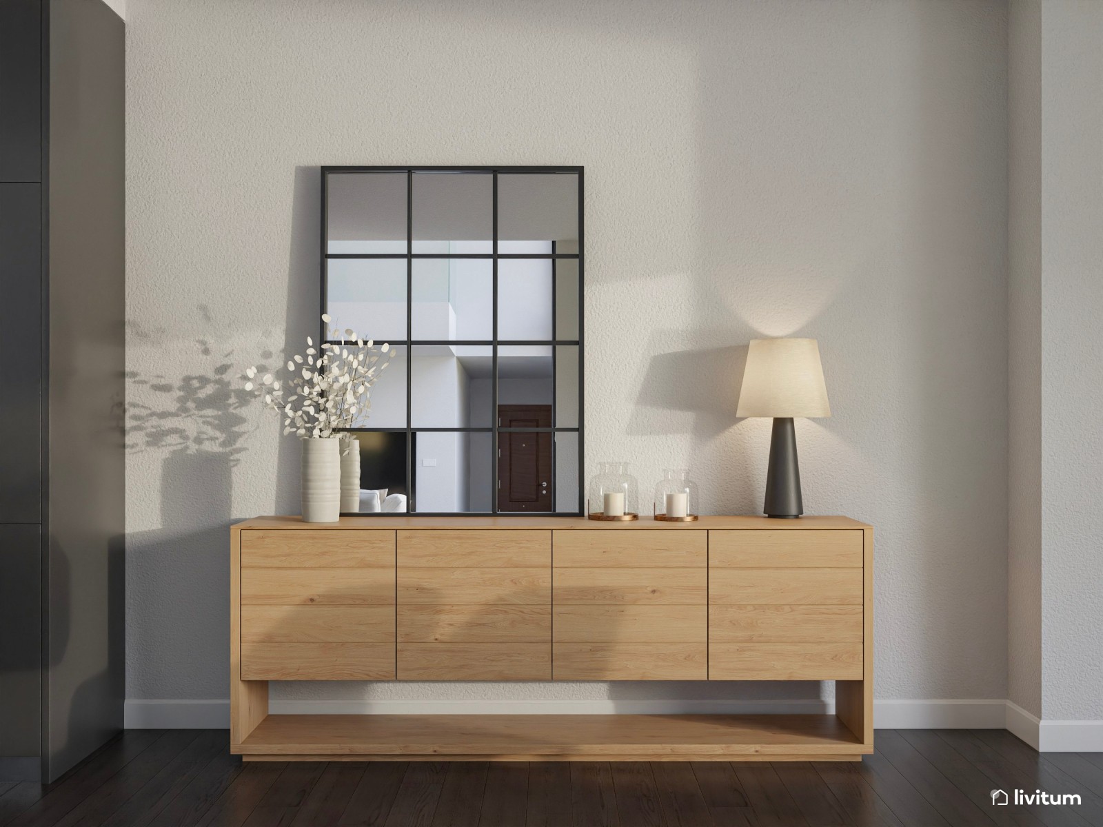 Salón minimalista amplio y decorado con textiles gustosos