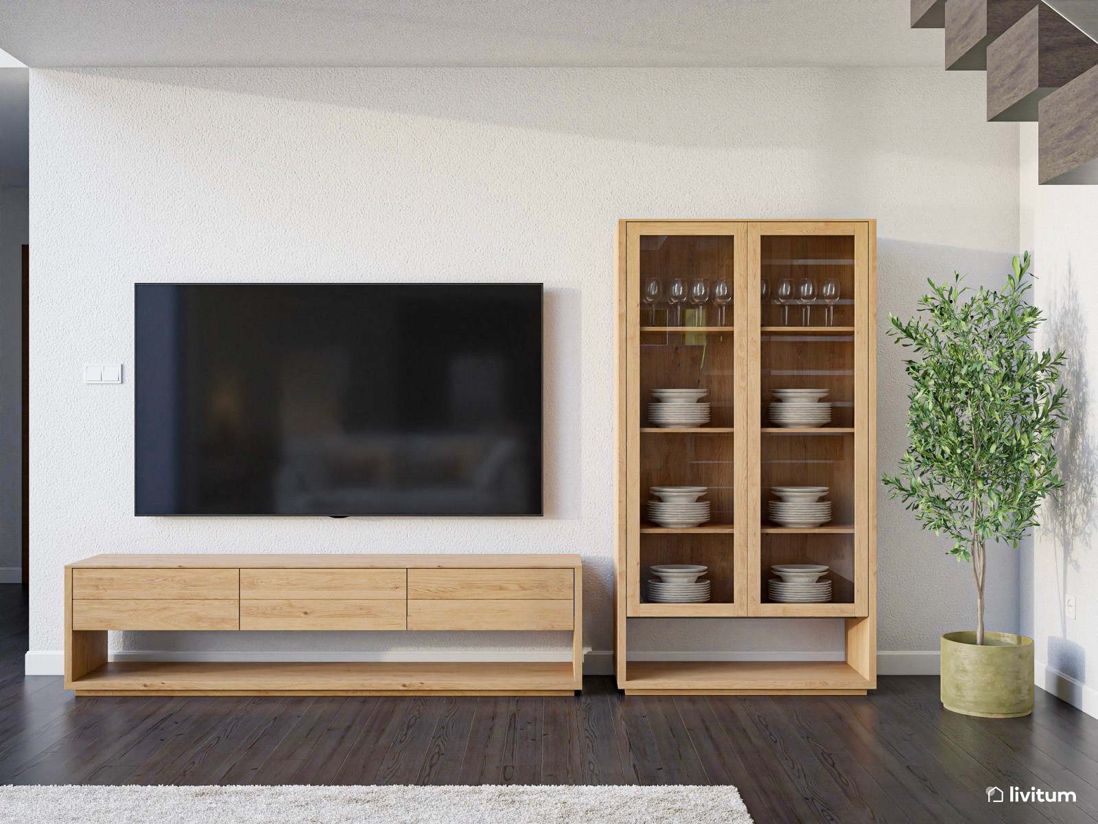 Salón minimalista amplio y decorado con textiles gustosos