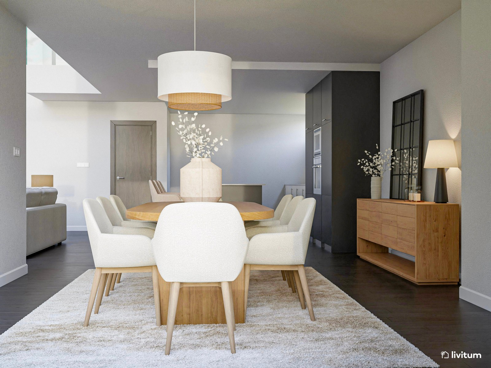 Salón minimalista amplio y decorado con textiles gustosos