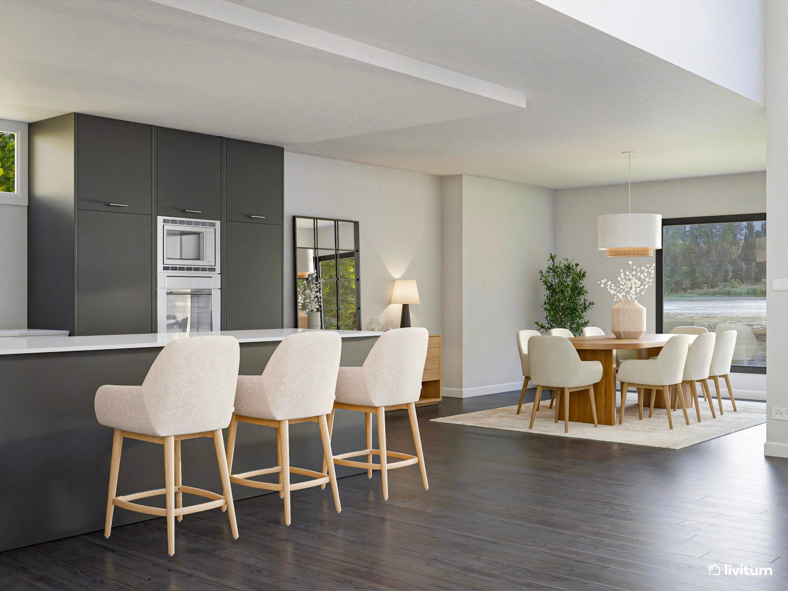 Salón minimalista amplio y decorado con textiles gustosos