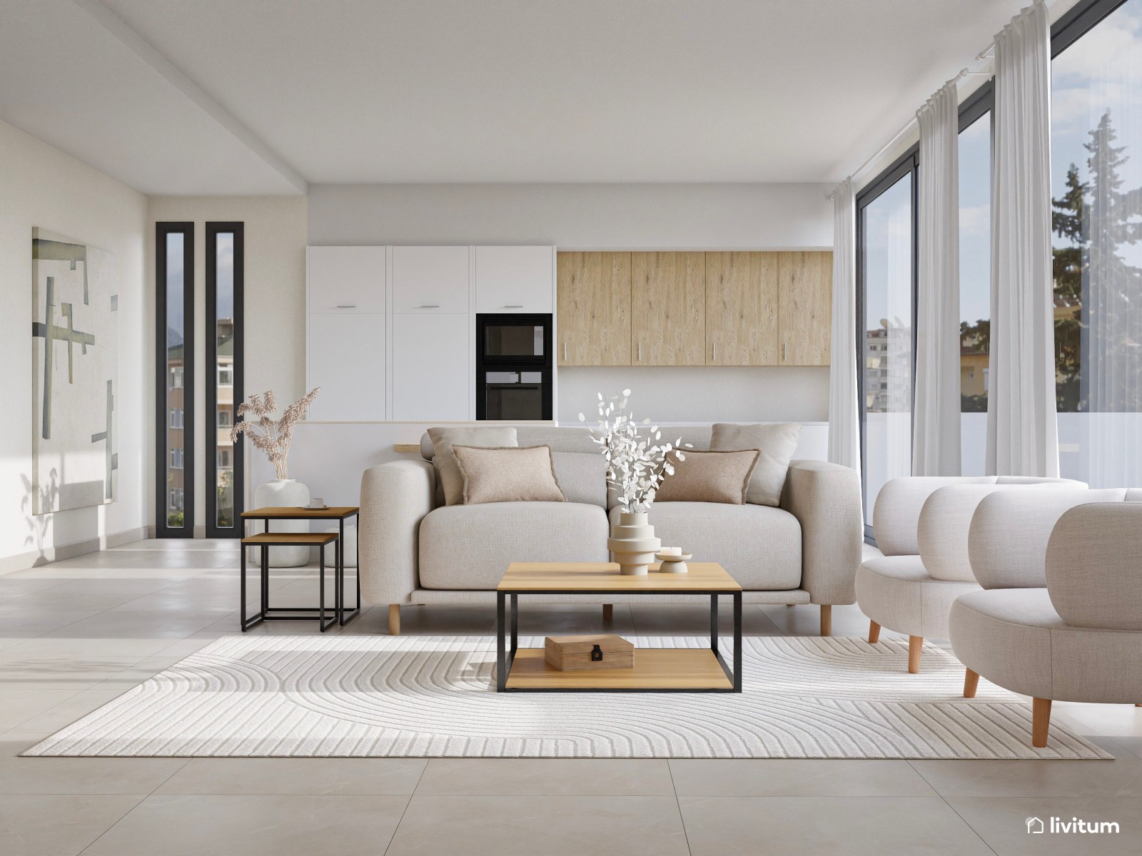 Salón minimalista y luminoso en blanco, beige y madera