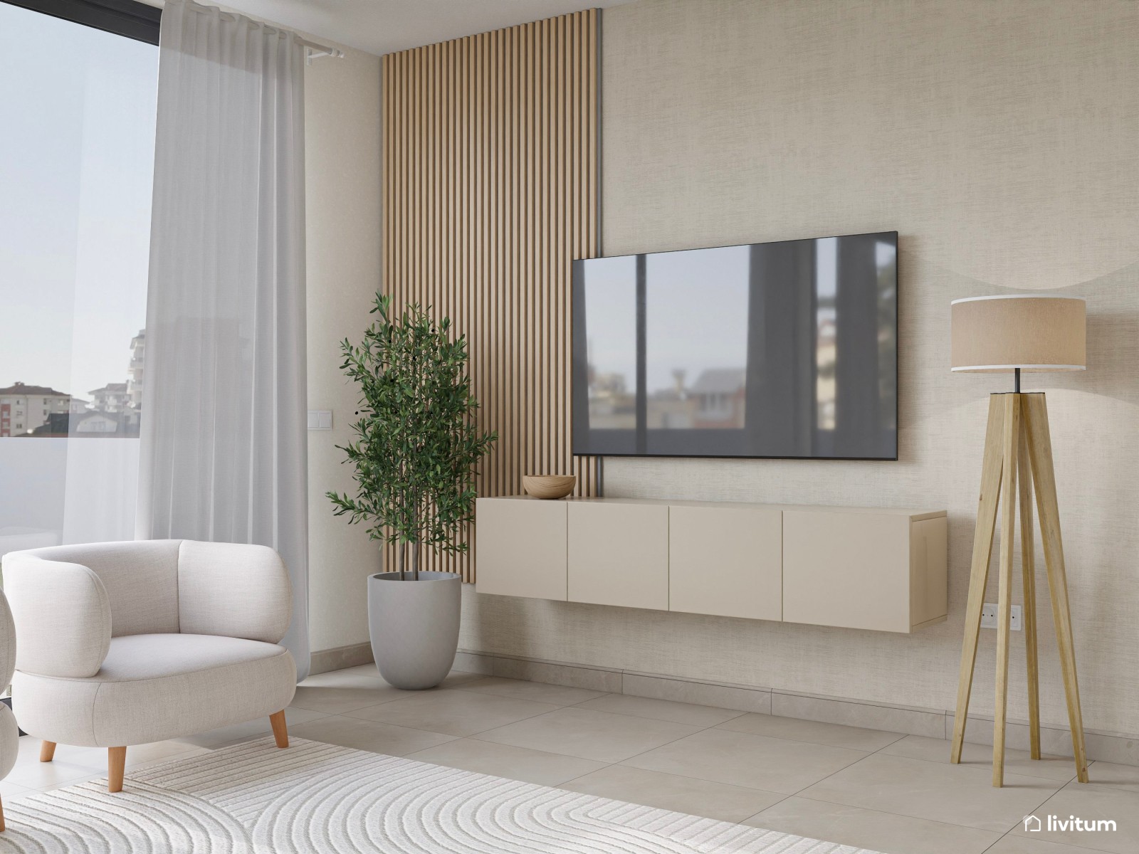 Salón minimalista y luminoso en blanco, beige y madera