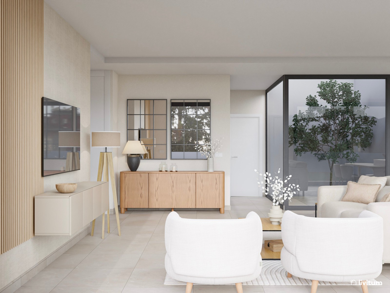 Salón minimalista y luminoso en blanco, beige y madera
