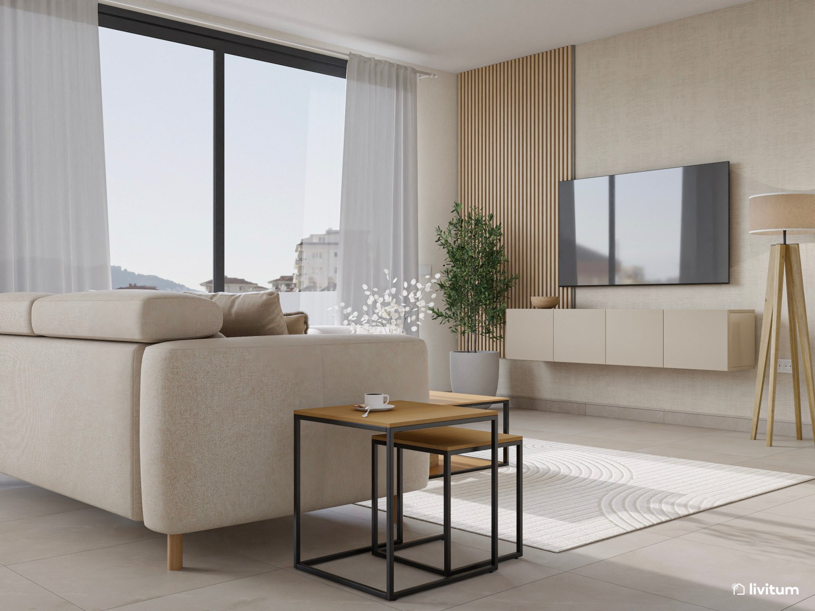 Salón minimalista y luminoso en blanco, beige y madera