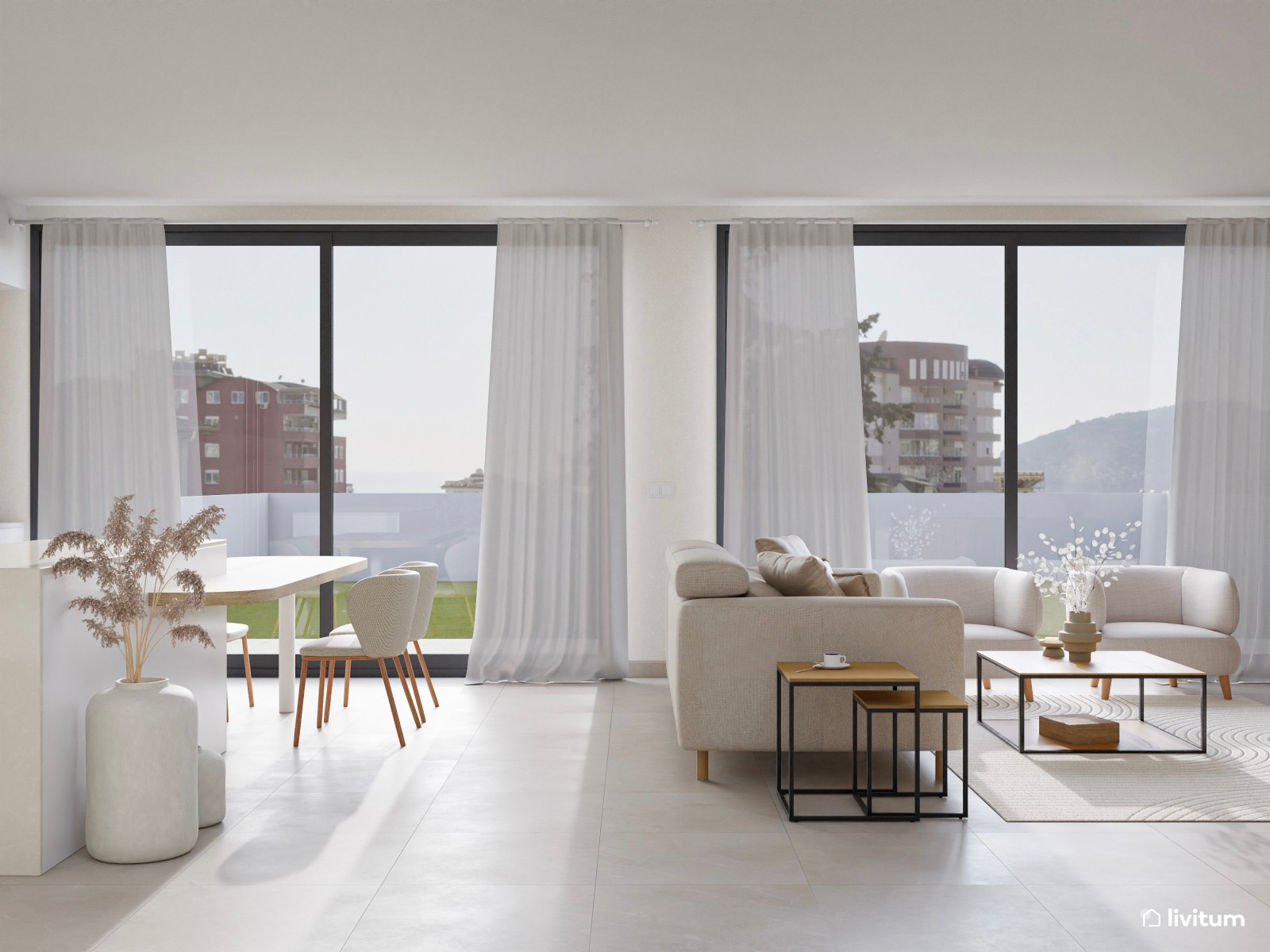 Salón minimalista y luminoso en blanco, beige y madera