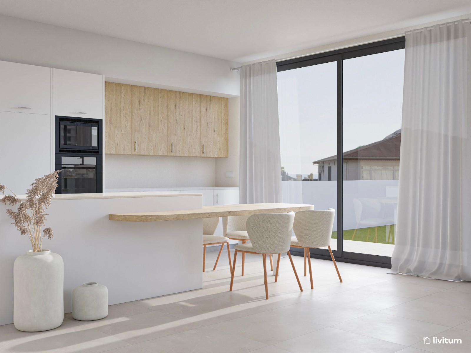 Salón minimalista y luminoso en blanco, beige y madera