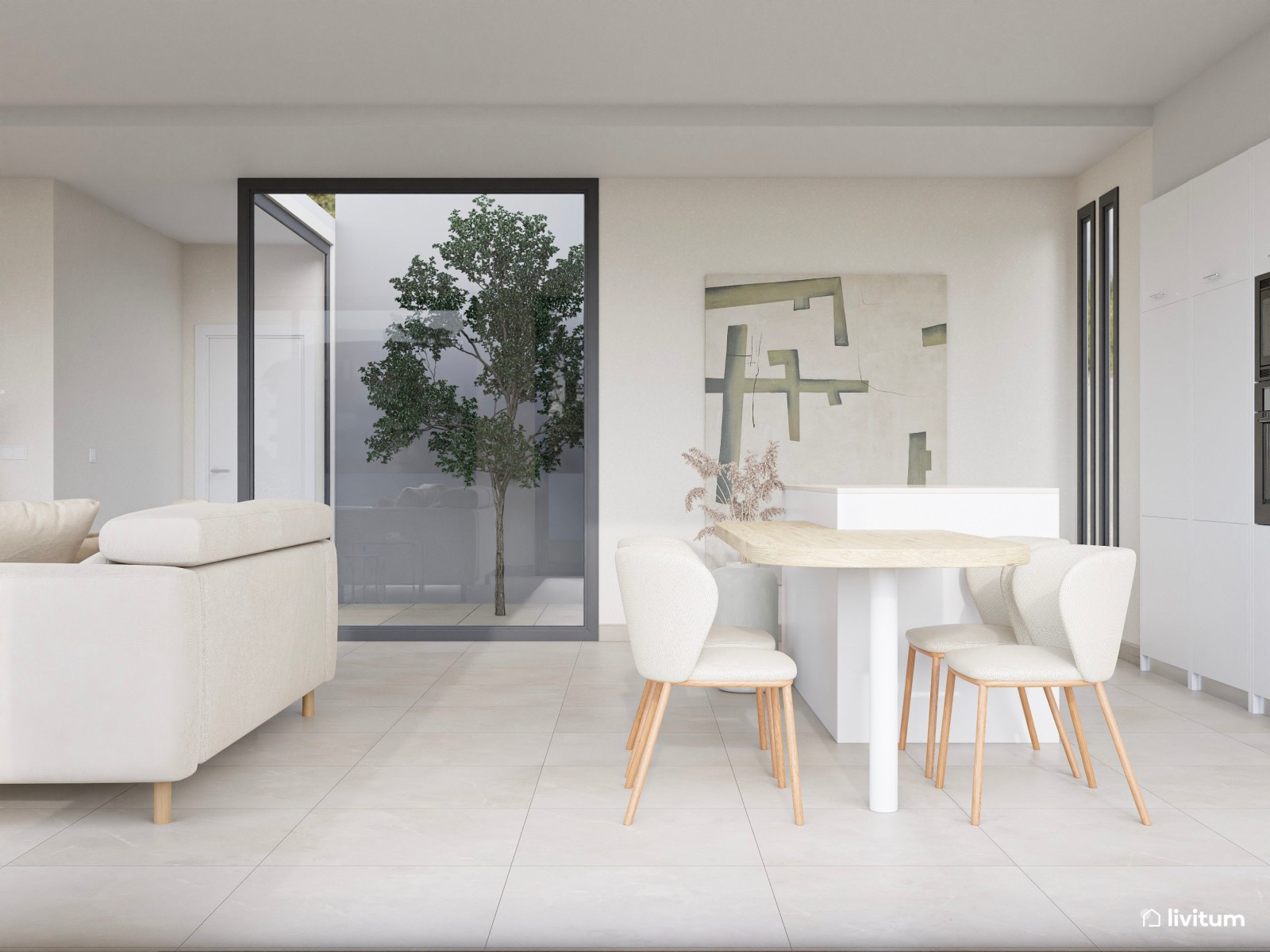 Salón minimalista y luminoso en blanco, beige y madera