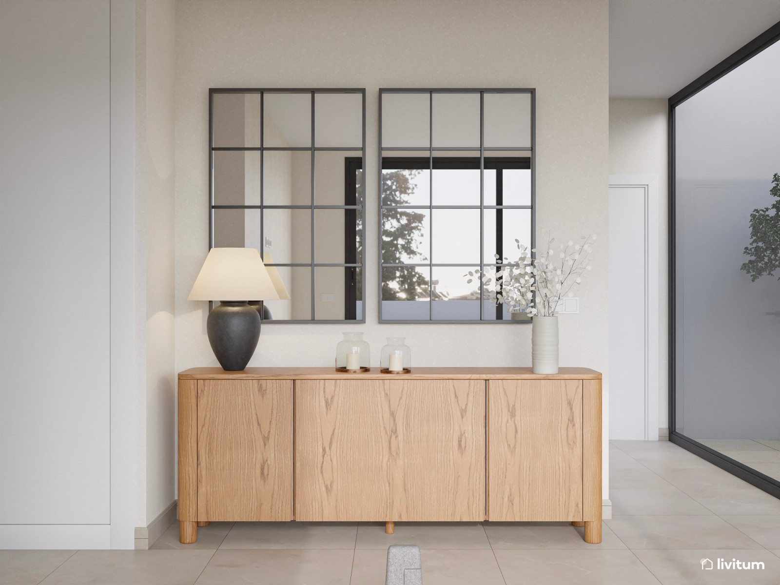 Salón minimalista y luminoso en blanco, beige y madera
