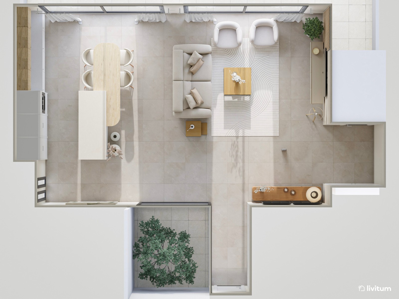 Salón minimalista y luminoso en blanco, beige y madera