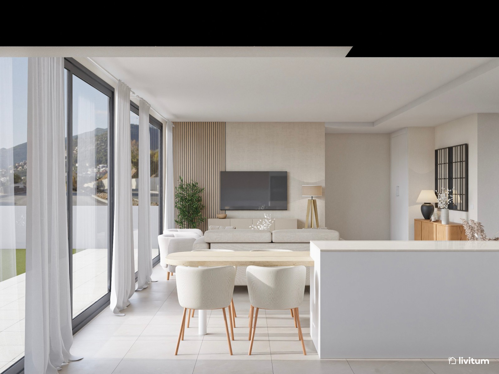 Salón minimalista y luminoso en blanco, beige y madera
