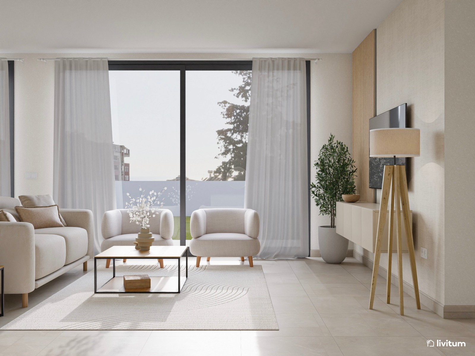 Salón minimalista y luminoso en blanco, beige y madera