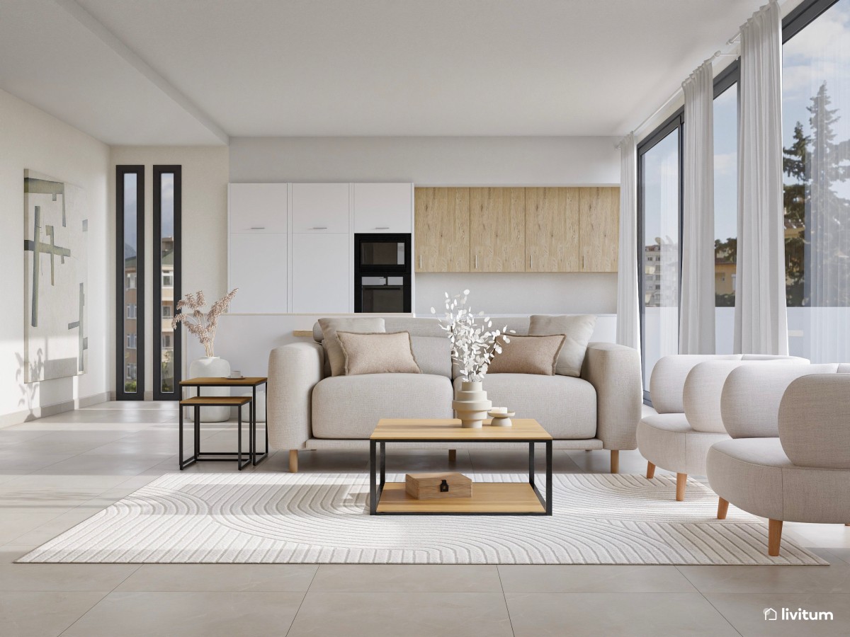 Salón minimalista y luminoso en blanco, beige y madera