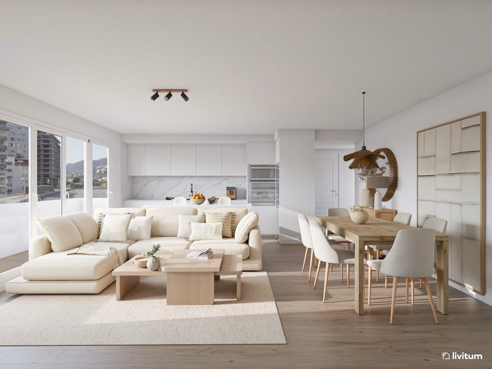 Salón moderno amplio con cocina abierta en tonos claros y detalles artesanales