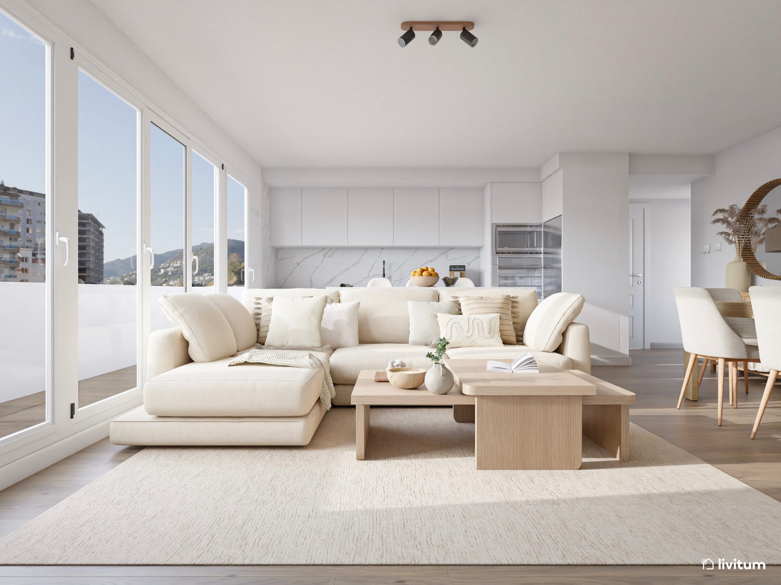 Salón moderno amplio con cocina abierta en tonos claros y detalles artesanales