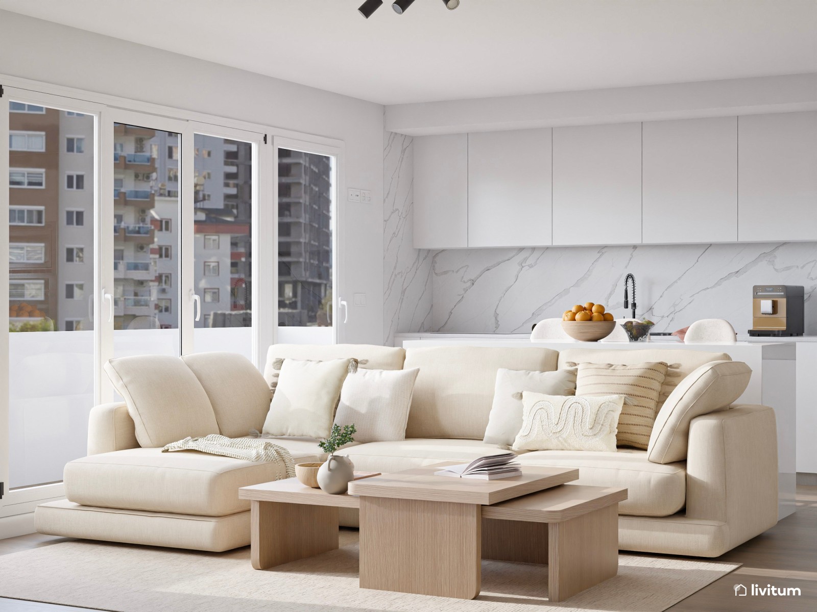 Salón moderno amplio con cocina abierta en tonos claros y detalles artesanales