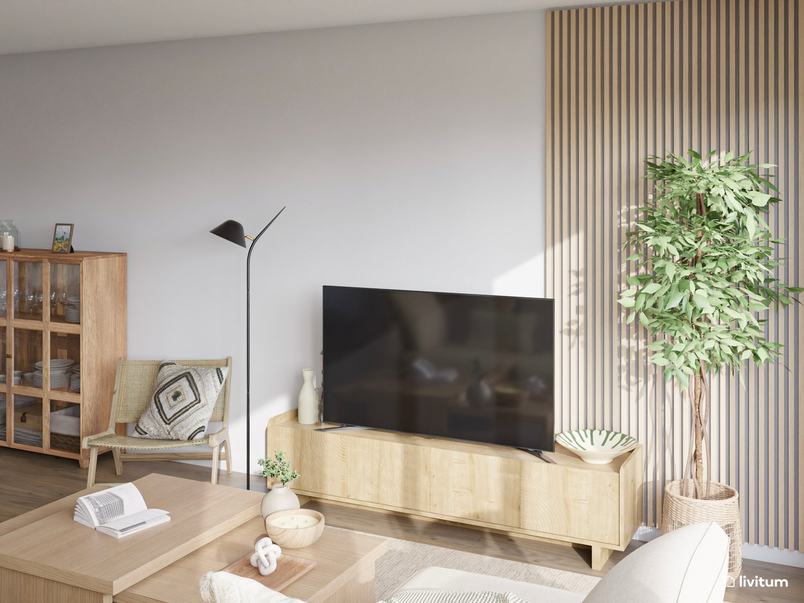 Salón moderno amplio con cocina abierta en tonos claros y detalles artesanales