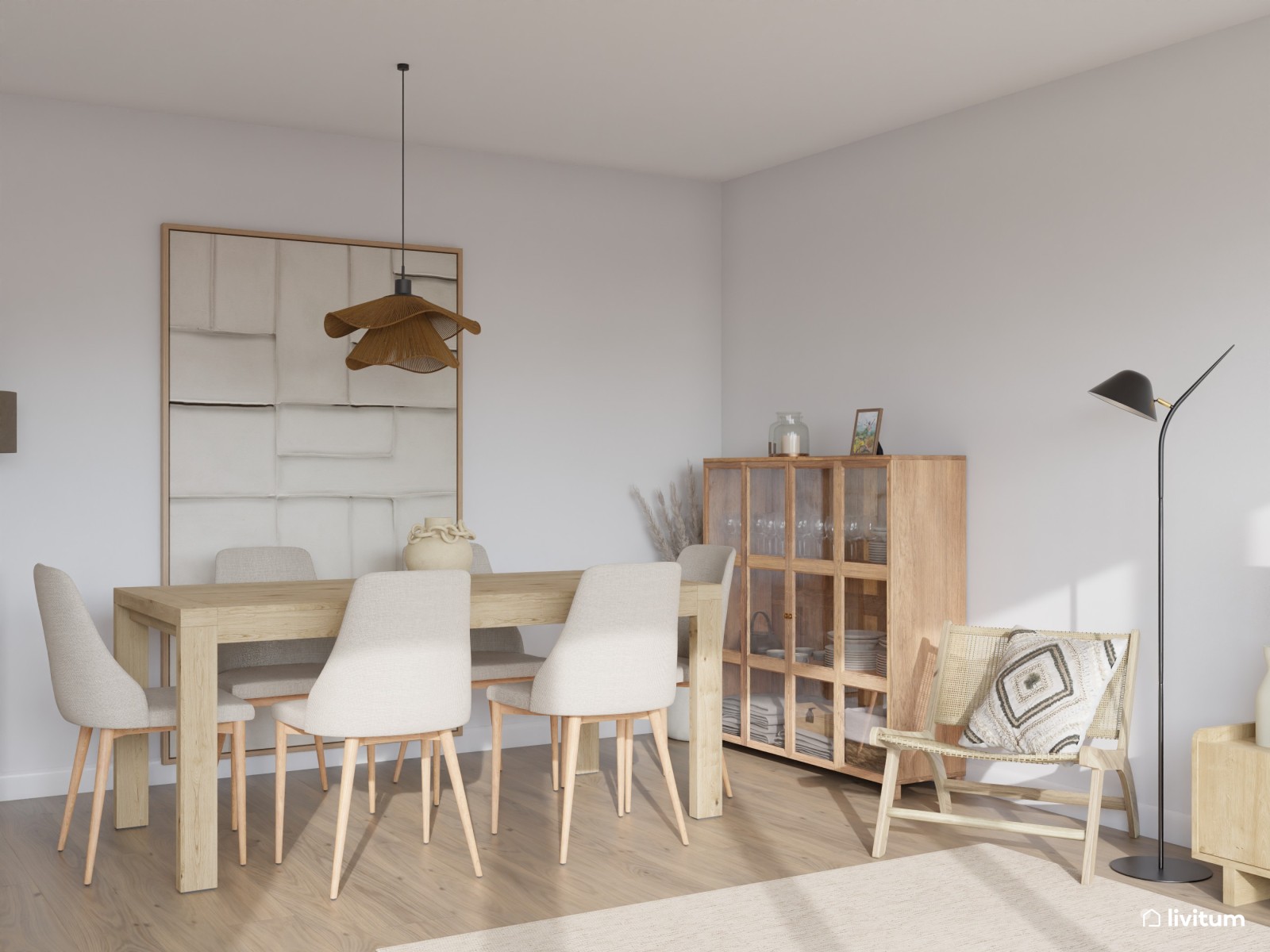 Salón moderno amplio con cocina abierta en tonos claros y detalles artesanales