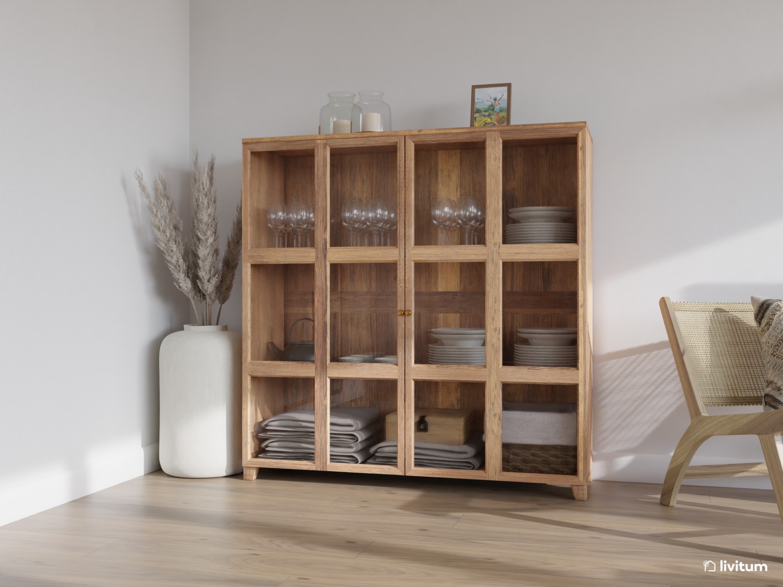 Salón moderno amplio con cocina abierta en tonos claros y detalles artesanales