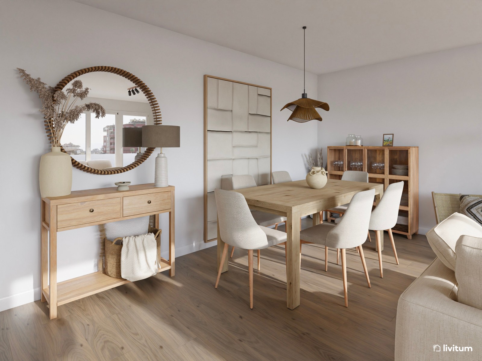 Salón moderno amplio con cocina abierta en tonos claros y detalles artesanales