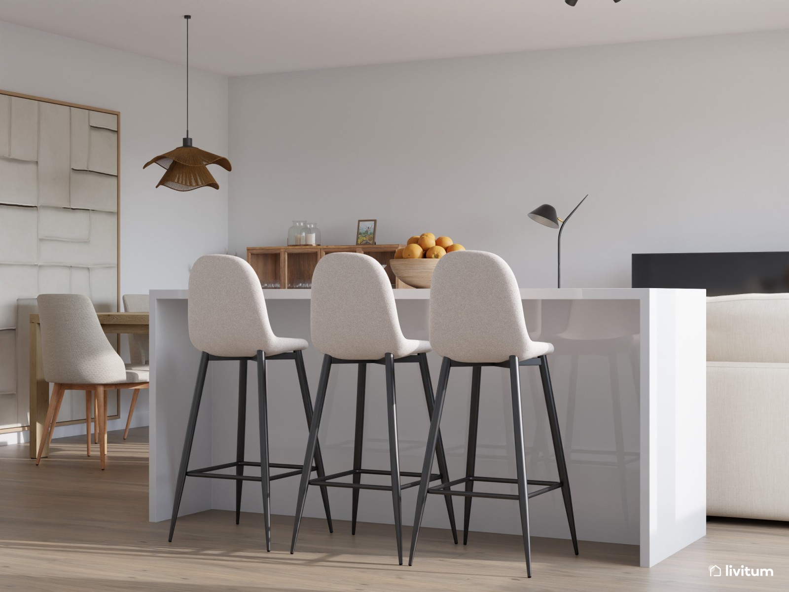 Salón moderno amplio con cocina abierta en tonos claros y detalles artesanales