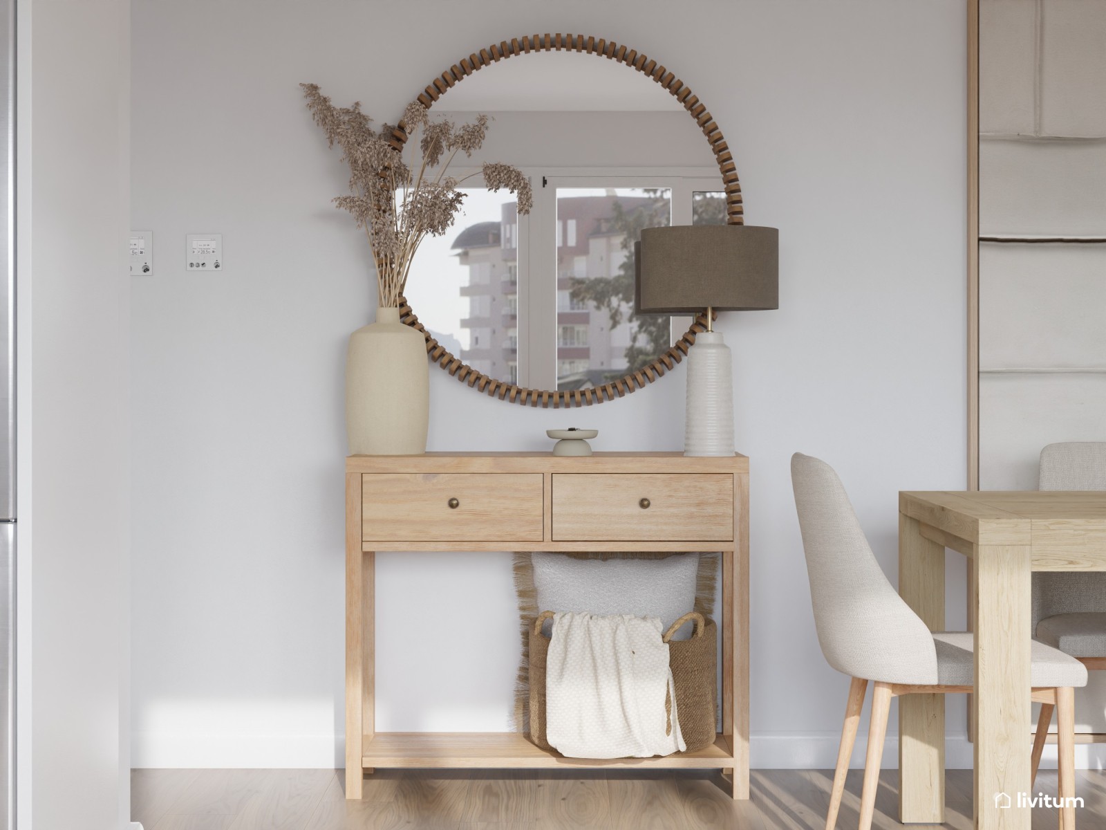 Salón moderno amplio con cocina abierta en tonos claros y detalles artesanales