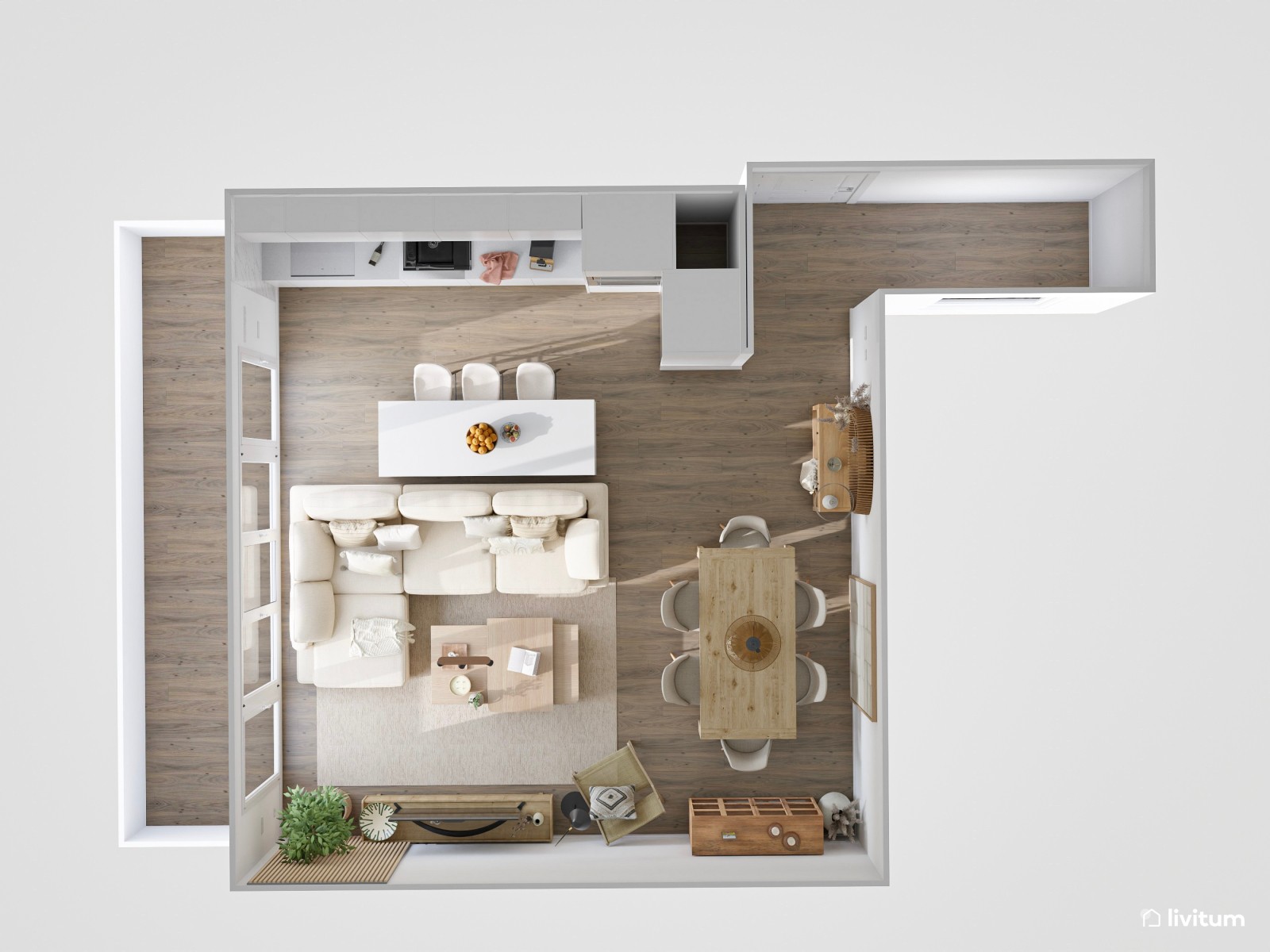 Salón moderno amplio con cocina abierta en tonos claros y detalles artesanales