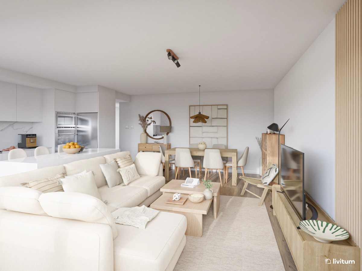 Salón moderno amplio con cocina abierta en tonos claros y detalles artesanales