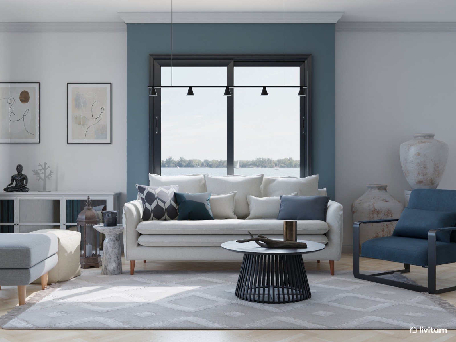 Salón moderno blanco y azul con mucho arte 