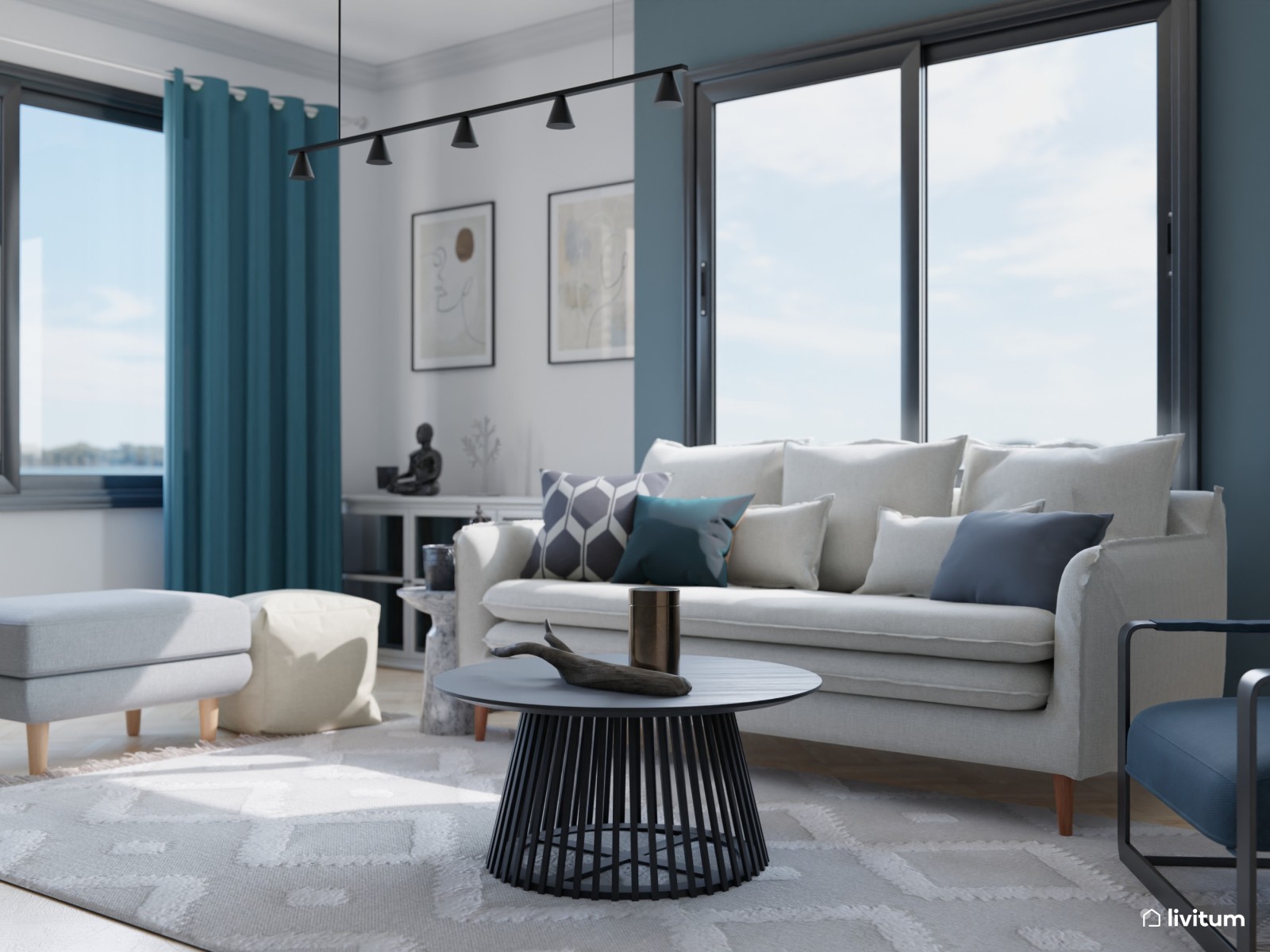 Salón moderno blanco y azul con mucho arte 