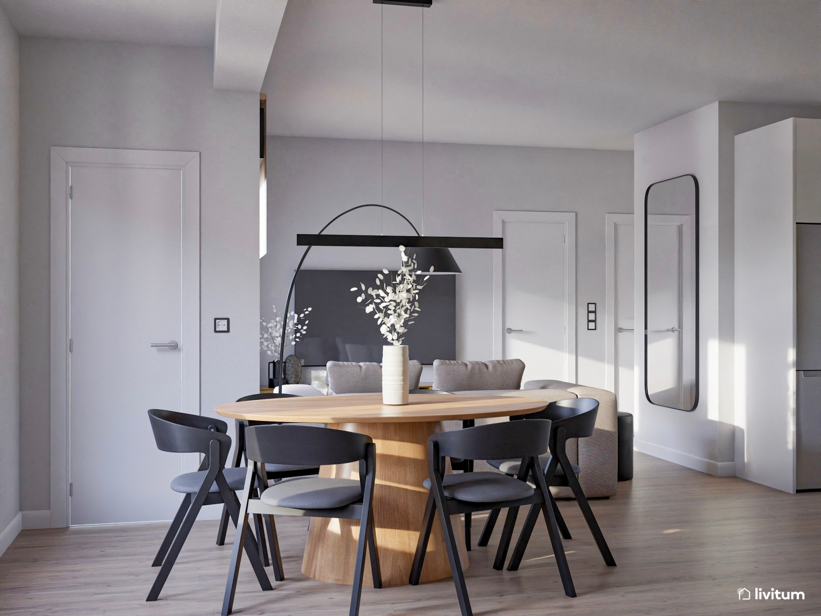 Salón moderno con acabados curvos, detalles oscuros y madera clara 