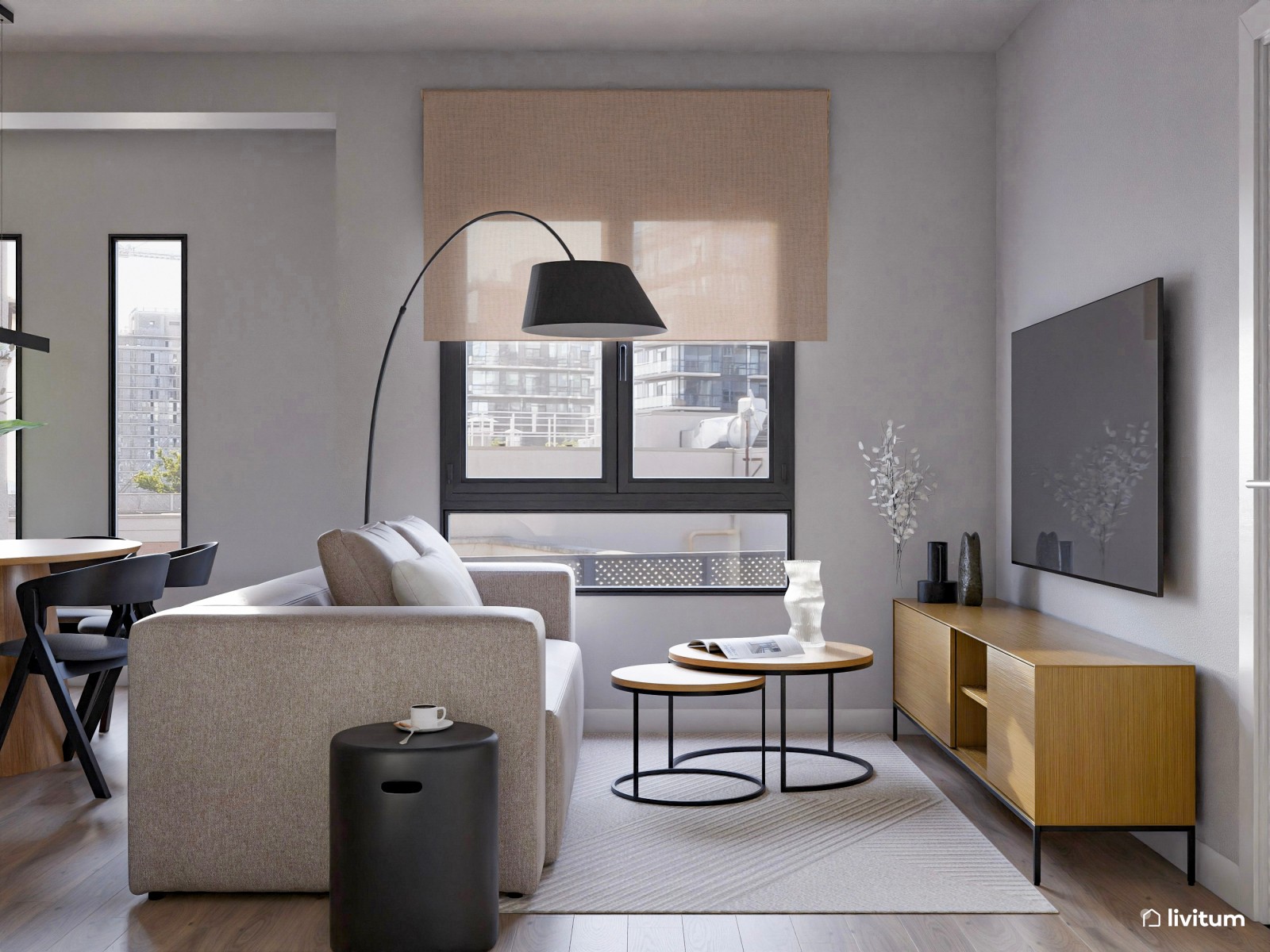 Salón moderno con acabados curvos, detalles oscuros y madera clara 