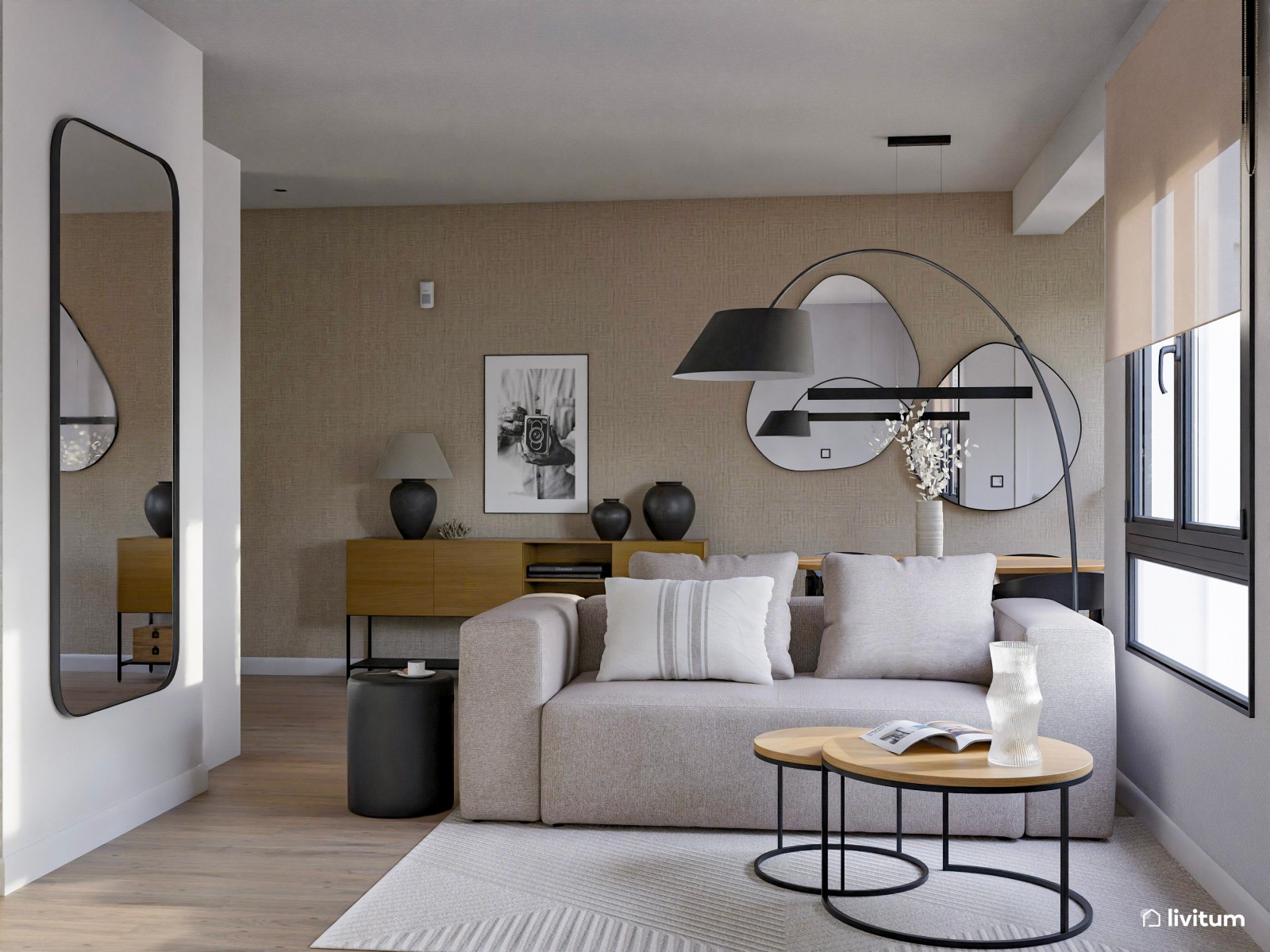 Salón moderno con acabados curvos, detalles oscuros y madera clara 