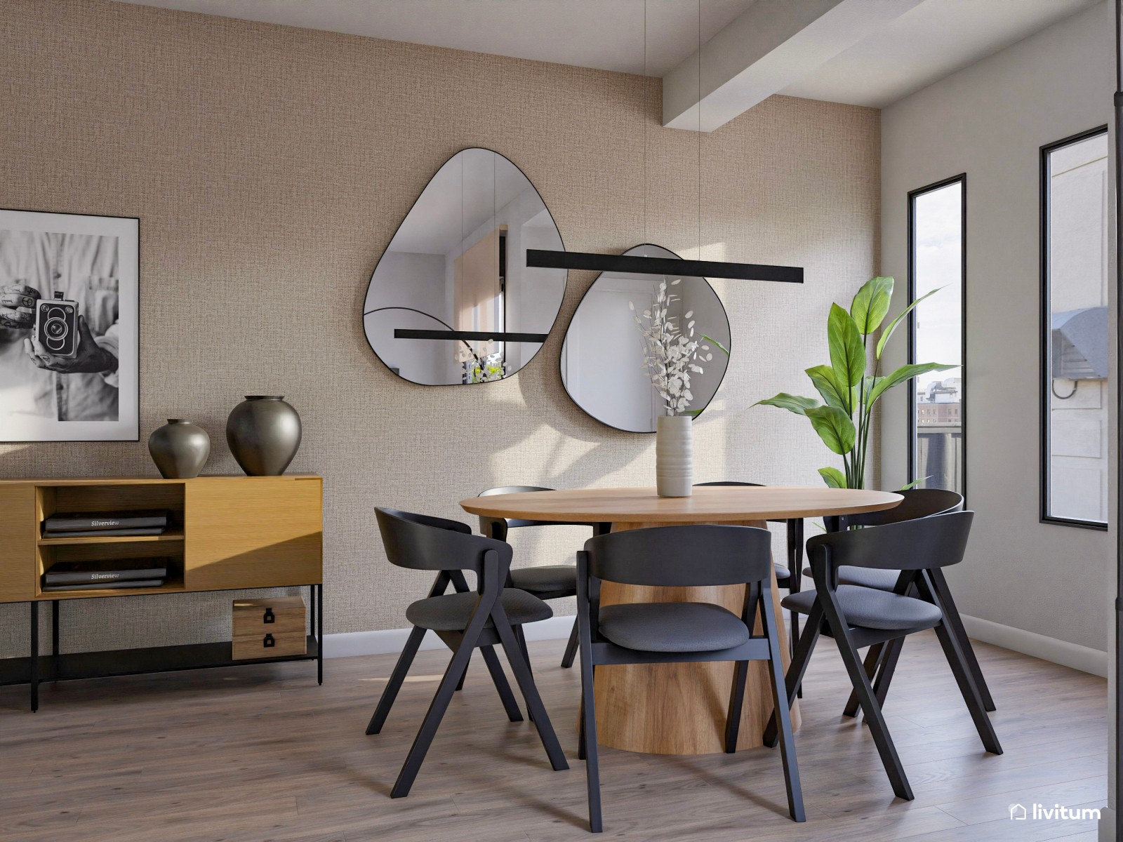 Salón moderno con acabados curvos, detalles oscuros y madera clara 