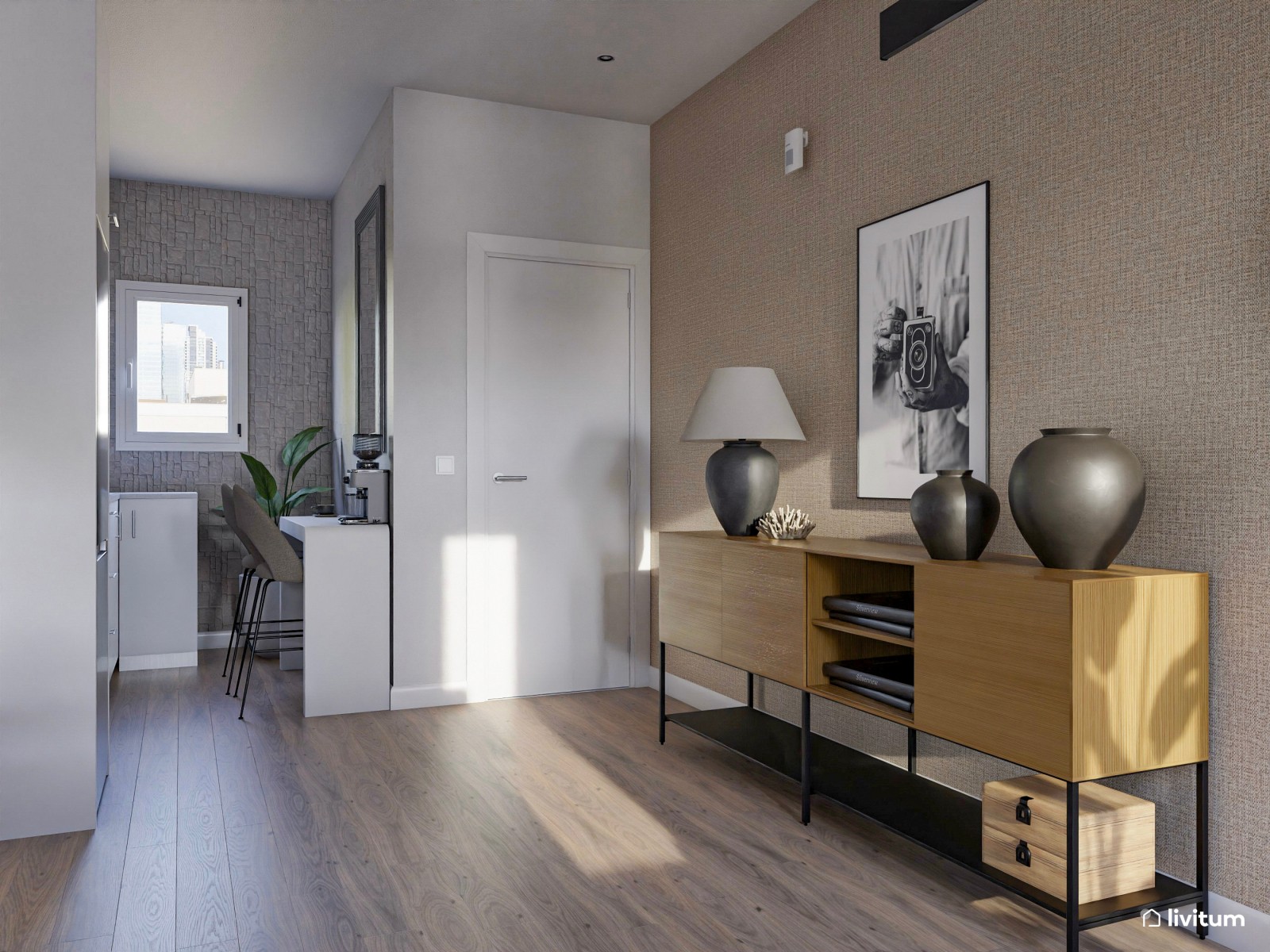 Salón moderno con acabados curvos, detalles oscuros y madera clara 